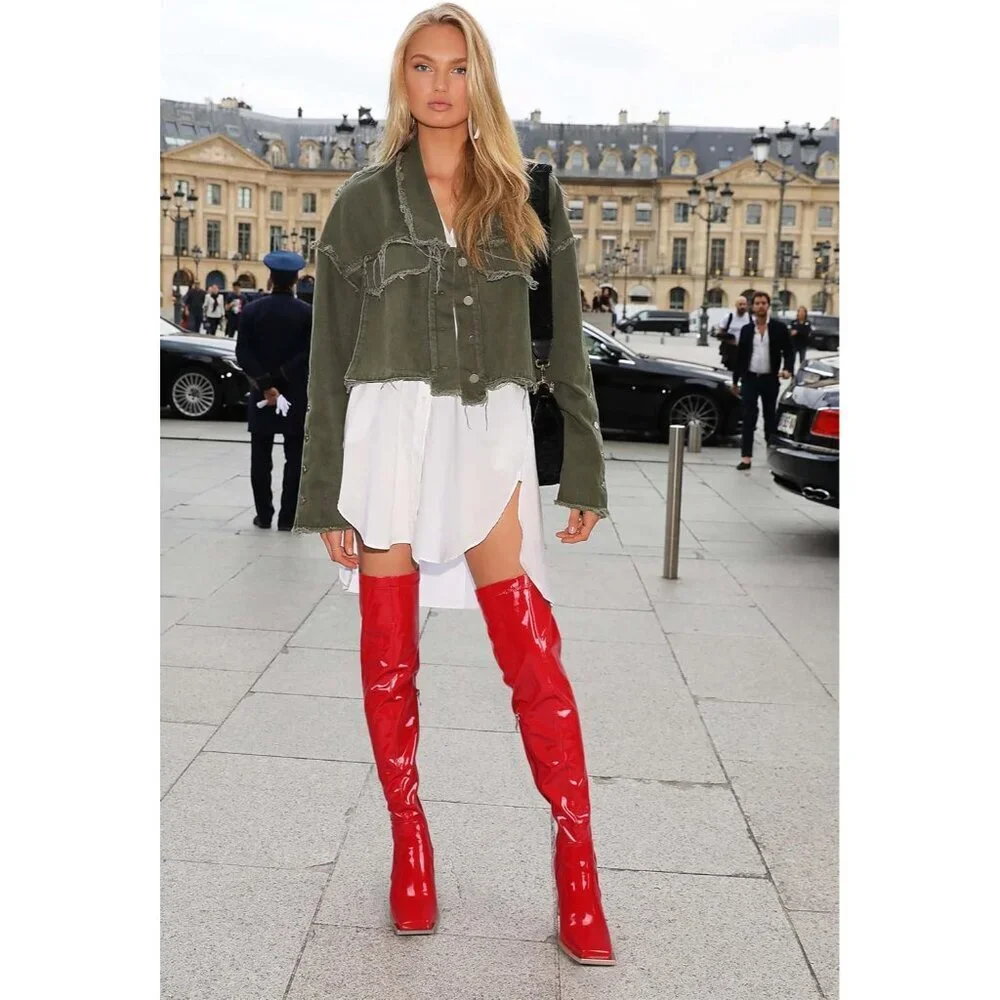 Women Qipired Synthetic Thigh High Latex Boots Square Toe Over The Knee Boots